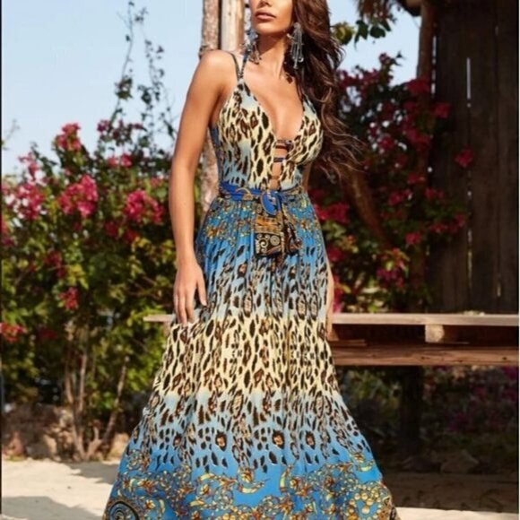 LEOPARD BACKLESS PLUNGING SPAGHETTI STRAP PREMIUM QUALITY DRESS - Picture 12 of 16